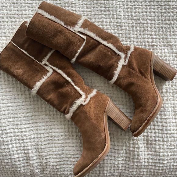 *SOLD* Vintage Y2K Browns tan and cream suede & shearling heeled boots 37 - Picture 14 of 15